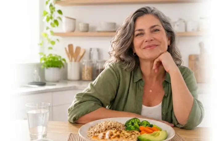 Mulher na cozinha, com um prato de frango, arroz e legumes na bancada